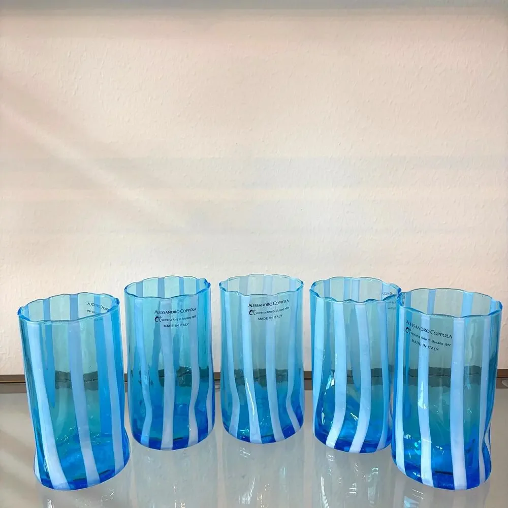 Alessandro Coppola Murano Italy Blue & White Art Glass Tumblers Set of 4 NEW